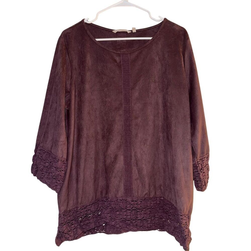 Soft Surroundings Plum Faux Suede Crochet Lace‎ Trim Top XL 2DE22